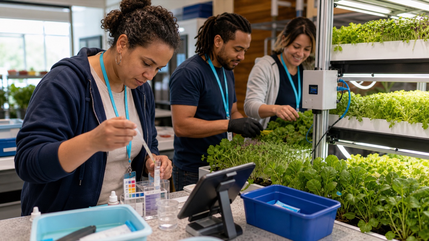 Adult learners checking water chemistry and harvesting greens at a hydroponic grow rack