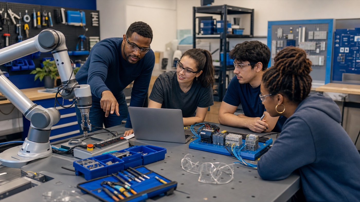 Adult learners gathered around a robot arm, laptop, PLC trainer, and tools in a workforce lab